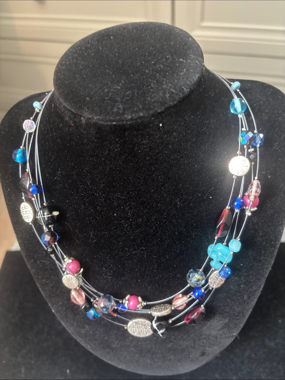 Lia Sophia floating silvertone multi -strand Blue and Pink Bead necklace